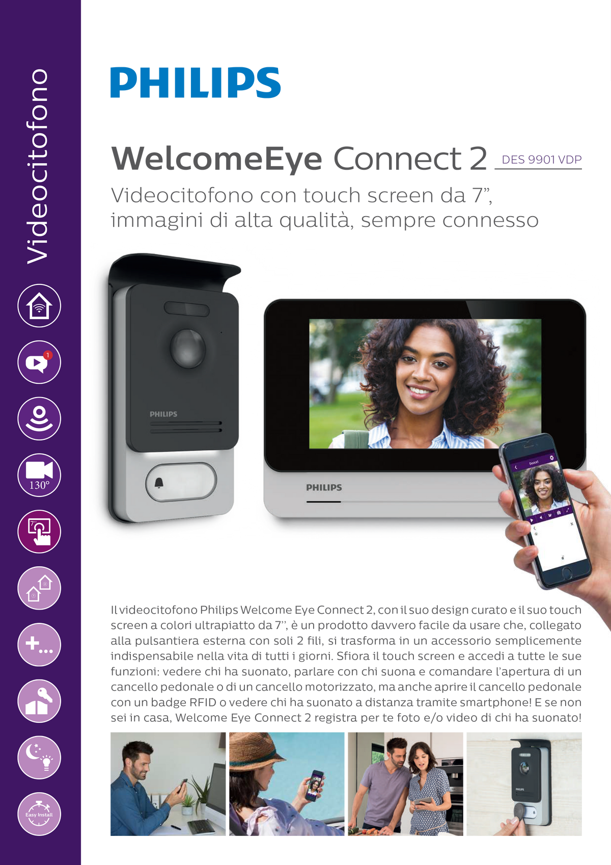 Philips - WelcomeEye Connect 2 WLAN-Video-Türsprechanlage 531036 | 7" Touch-Monitor | Smartphone-App | RFID | Interner Speicher | 2-Draht