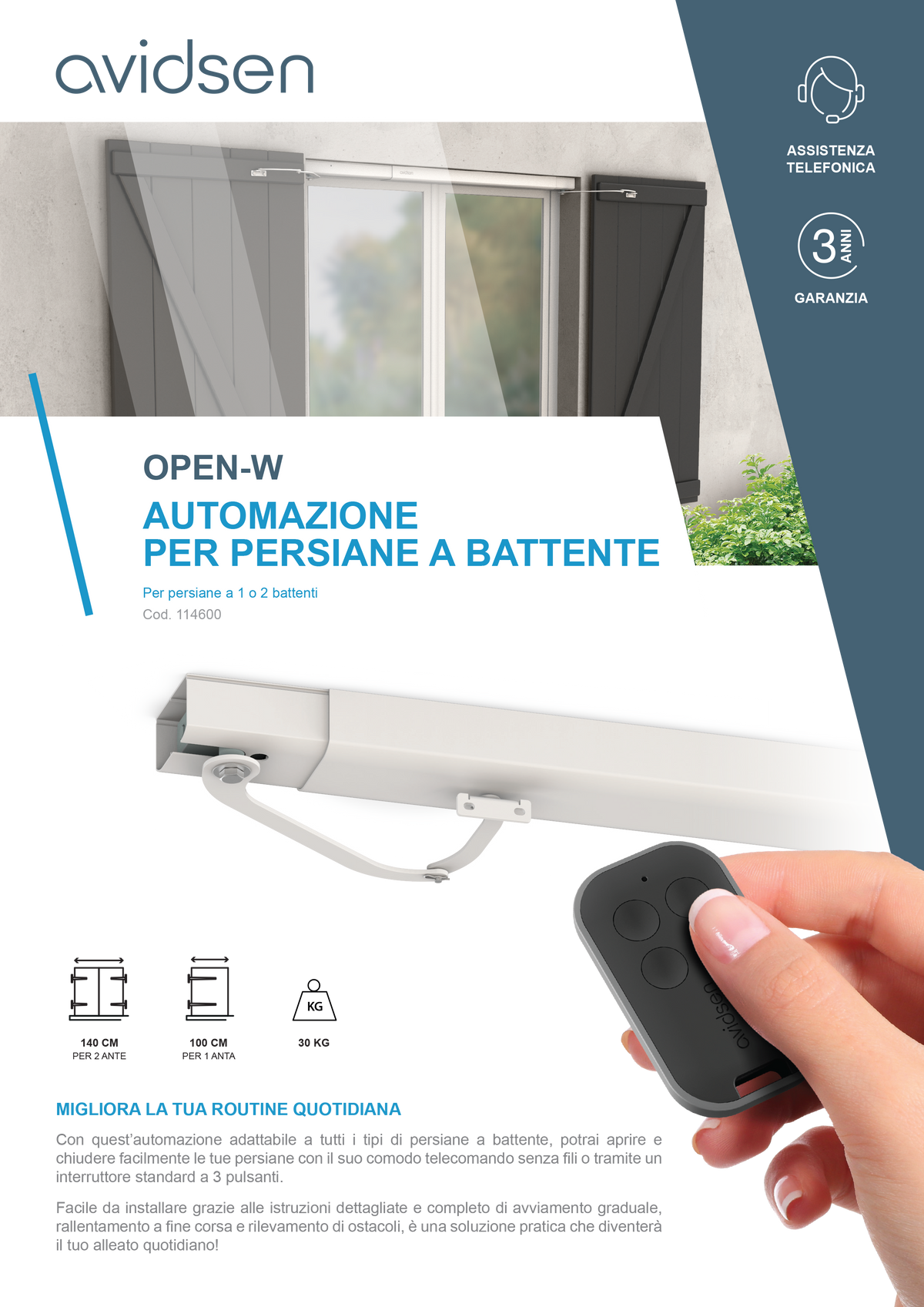 AVIDSEN - Kit Automazione Persiane a Battente Open-W 114600 | 230V | 1 o 2 Ante | Telecomando | Rilevamento Ostacoli