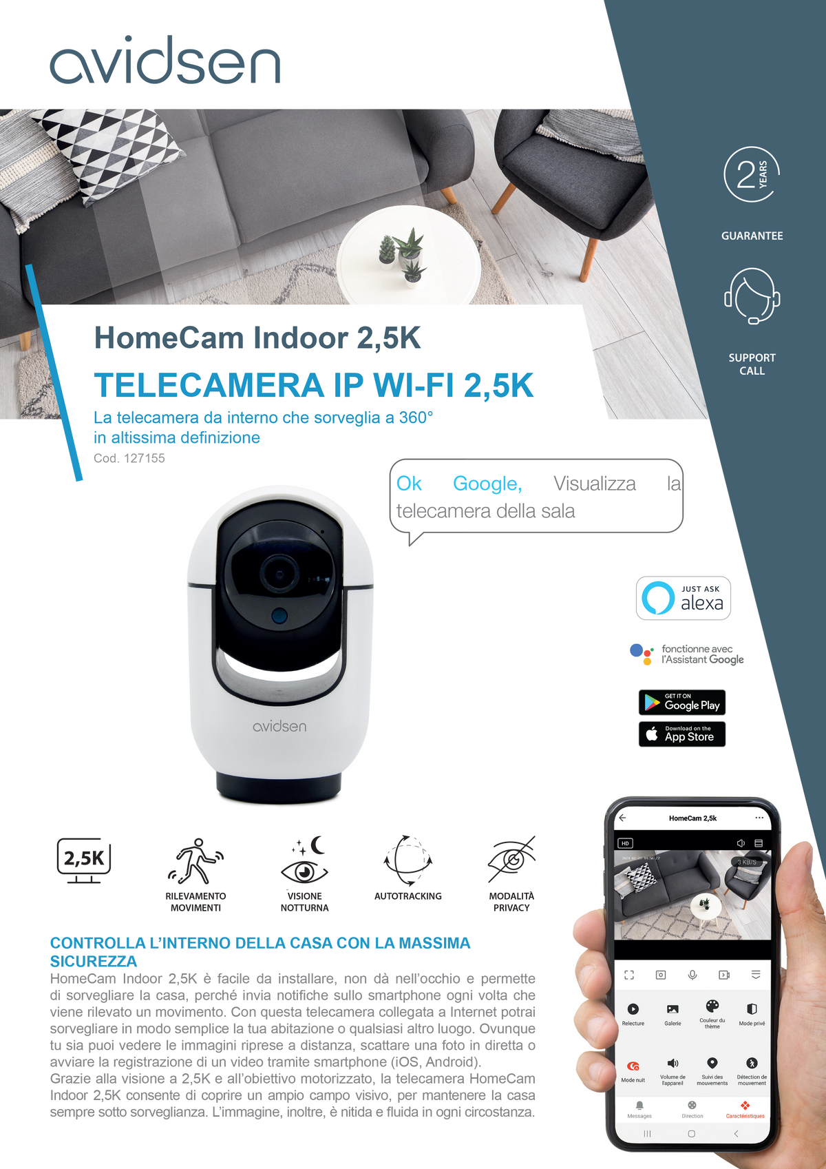 AVIDSEN - Motorisierte WLAN-IP-Kamera HomeCam Indoor | 2,5K | 360° | Automatische Nachführung | Zwei-Wege-Audio