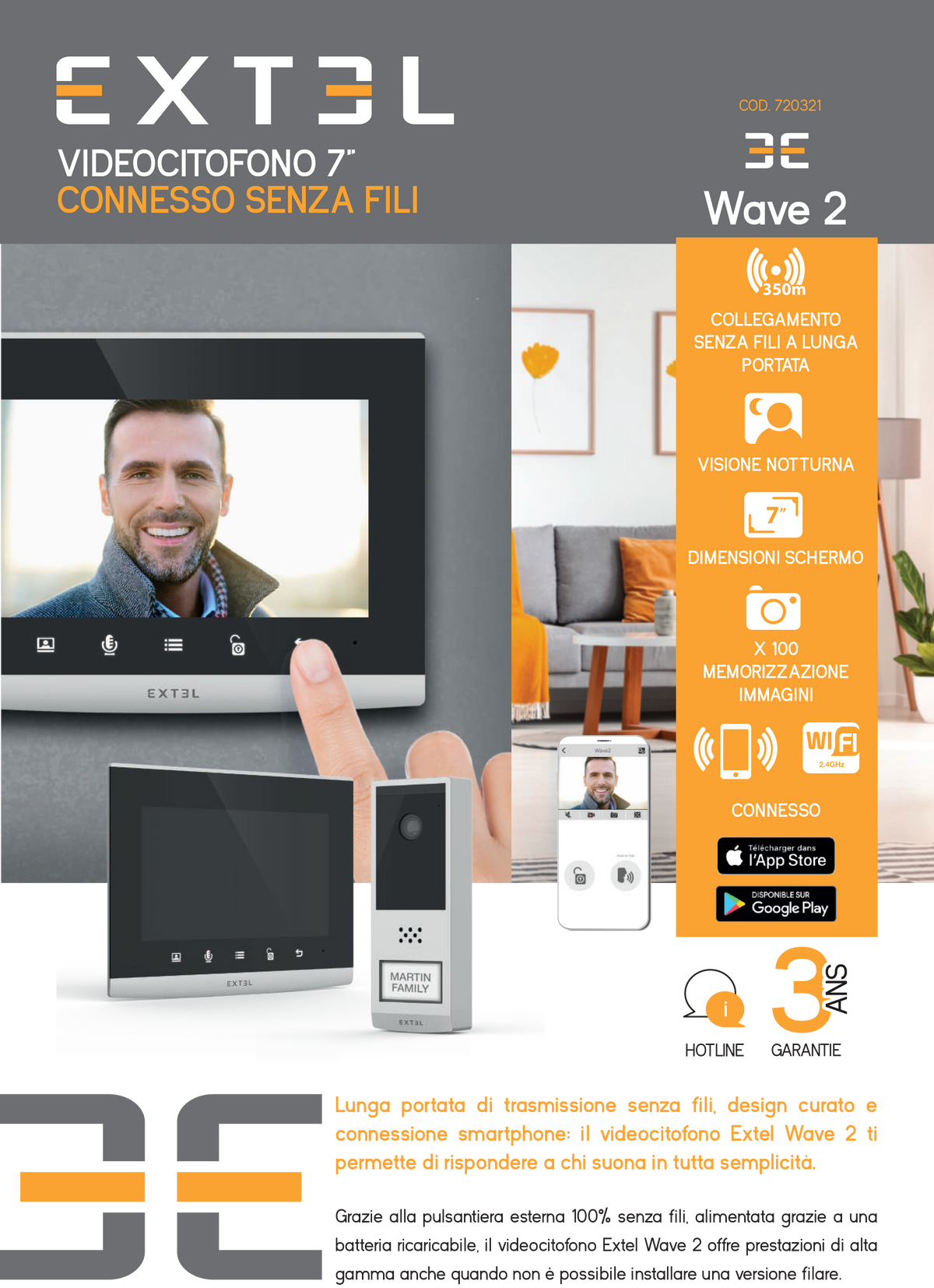 EXTEL - Videocitofono Wi-Fi Senza Fili Wave 2 | Portata 350m | Schermo 3,5" | Visione Notturna | App Mobile