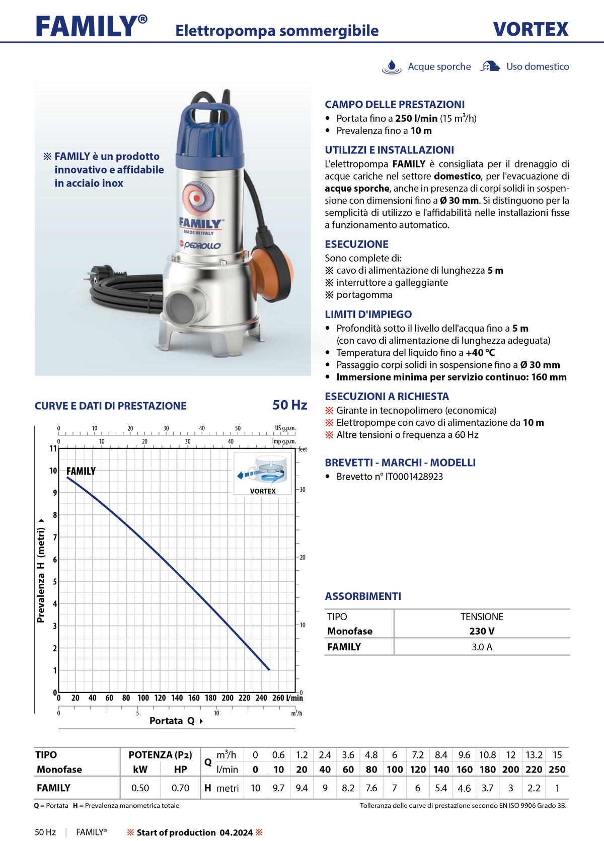 Elettropompa sommergibile per drenaggio acque sporche e liquami in acciaio inox - Family Pedrollo
