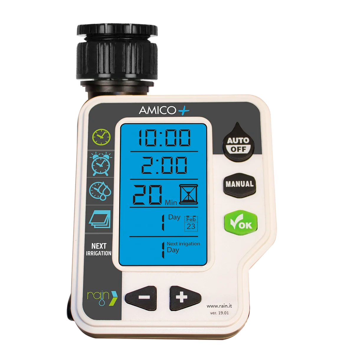 RAIN - Programmatore Irrigazione AMICO+ | 1 Zona | Batteria | Display 3" Retroilluminato | 1-6 Bar