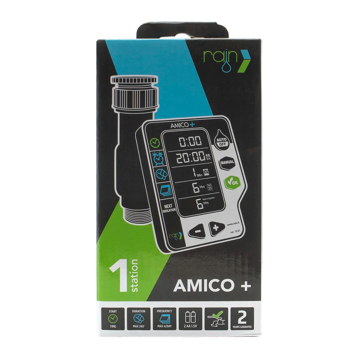 RAIN - Programmatore Irrigazione AMICO+ | 1 Zona | Batteria | Display 3" Retroilluminato | 1-6 Bar