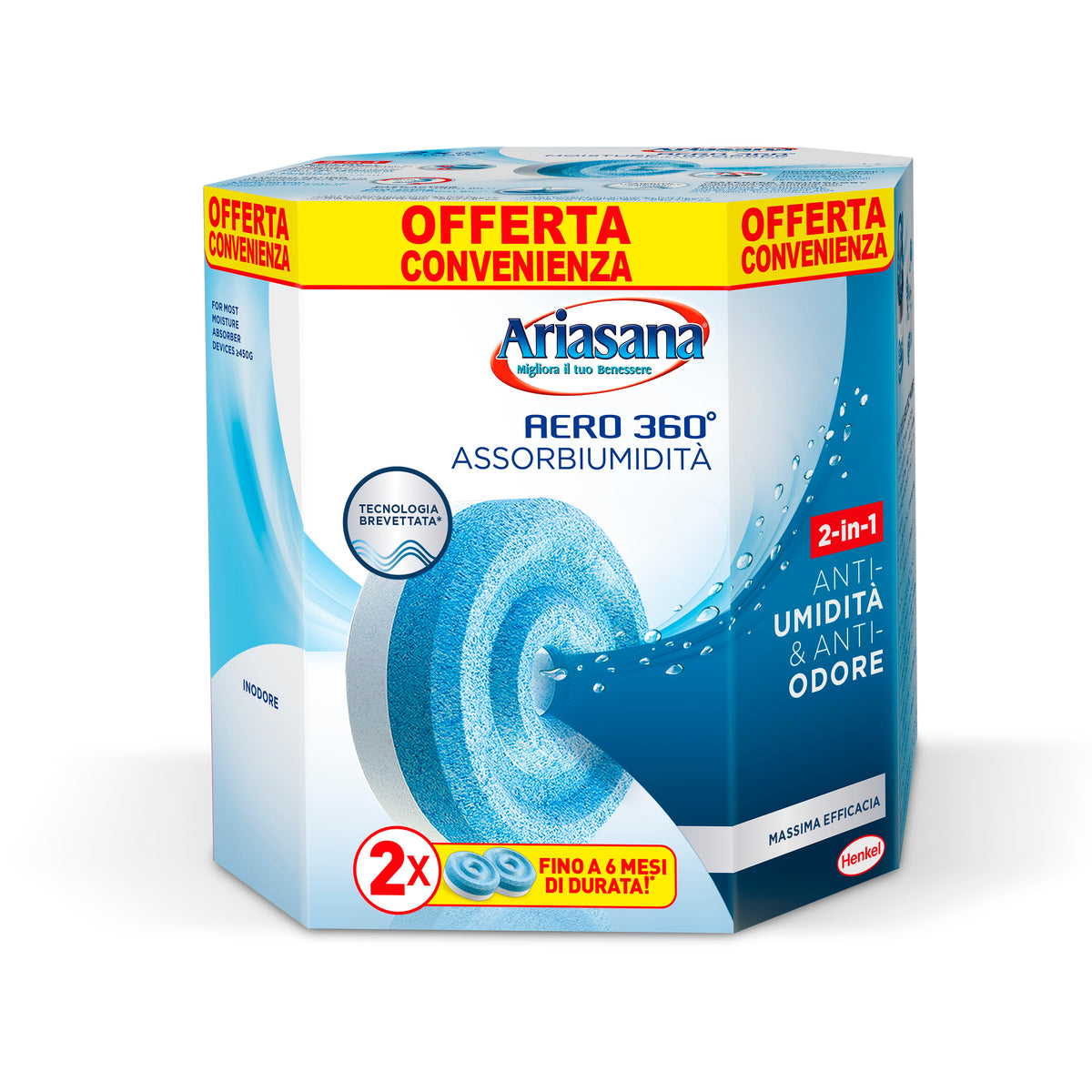 Ariasana - Bipacco Ricarica Tab Aero 360° 2x450g | 2-in-1 Anti-Umidita' e Anti-Odore | Fino a 6 Mesi | Tecnologia Brevettata | Inodore o Lavanda