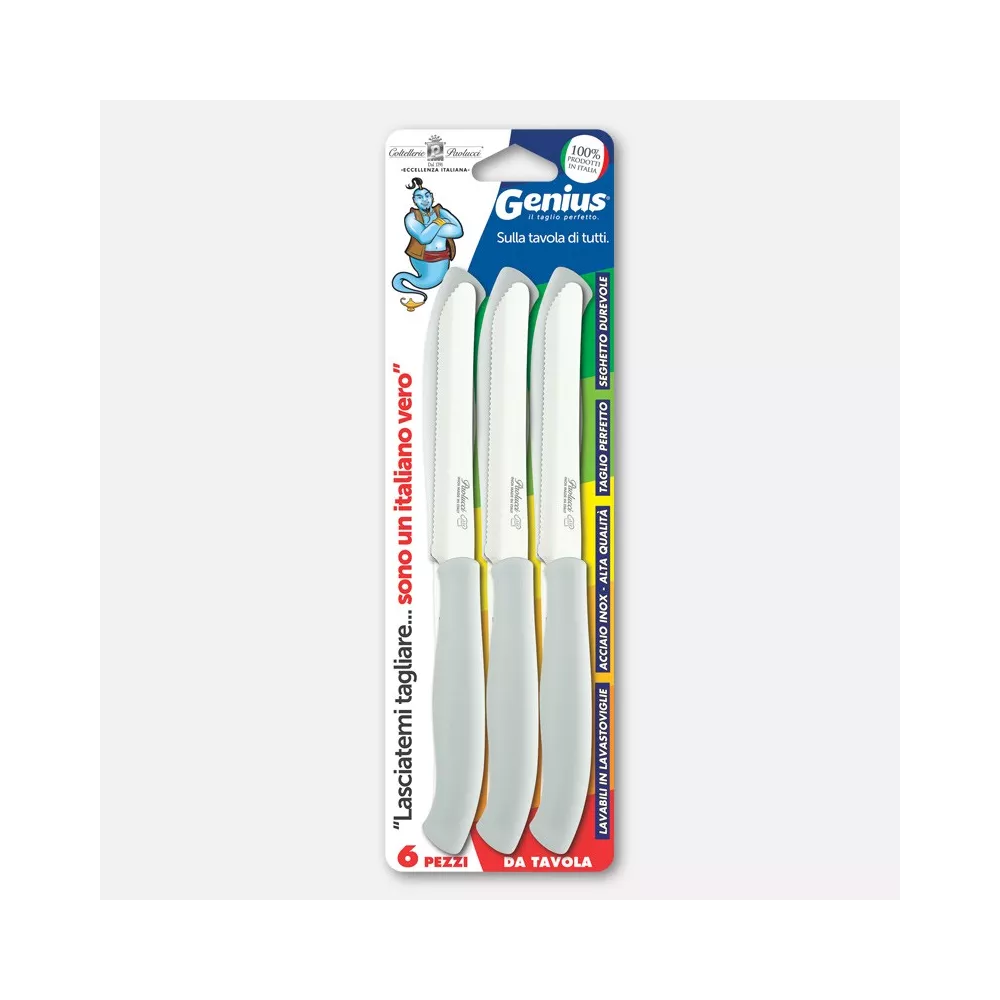 COLTELLERIE PAOLUCCI - Set 6 Couteaux de Table Lame Dentelée 11 cm GENIUS | Acier Inoxydable | Fabriqué en Italie | Lave-vaisselle | Manche Polypropylène
