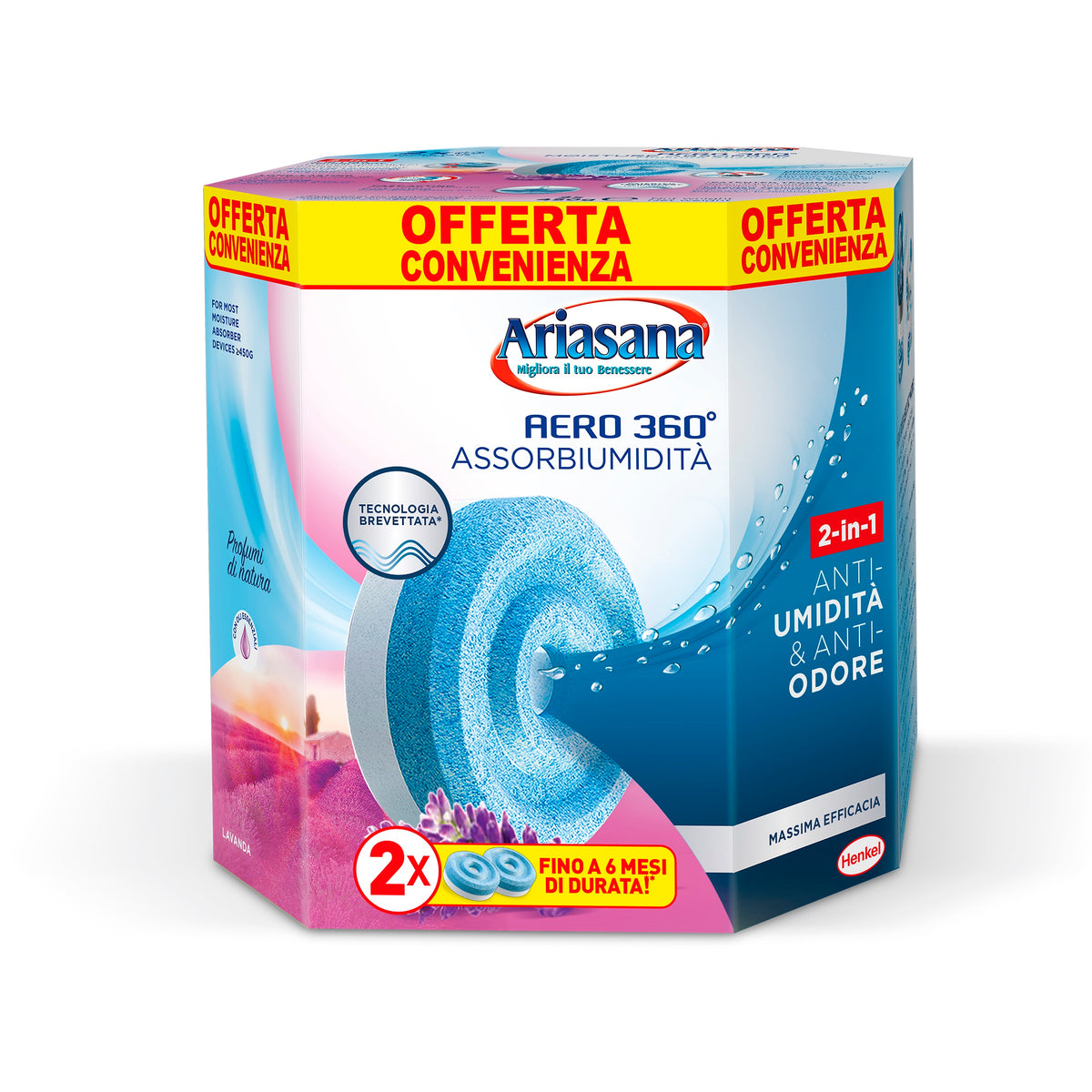 Ariasana - Bipacco Ricarica Tab Aero 360° 2x450g | 2-in-1 Anti-Umidita' e Anti-Odore | Fino a 6 Mesi | Tecnologia Brevettata | Inodore o Lavanda