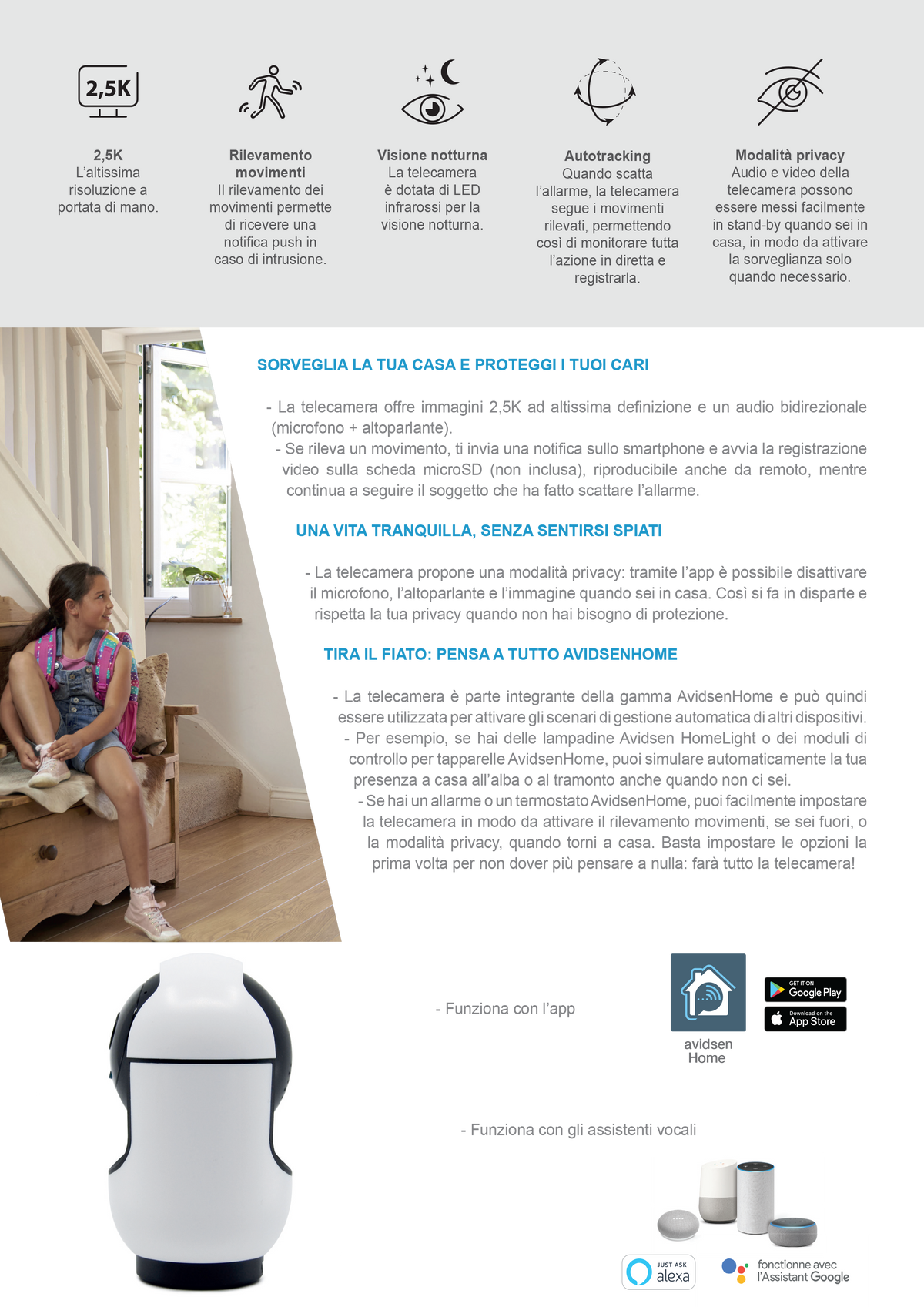AVIDSEN - Motorisierte WLAN-IP-Kamera HomeCam Indoor | 2,5K | 360° | Automatische Nachführung | Zwei-Wege-Audio