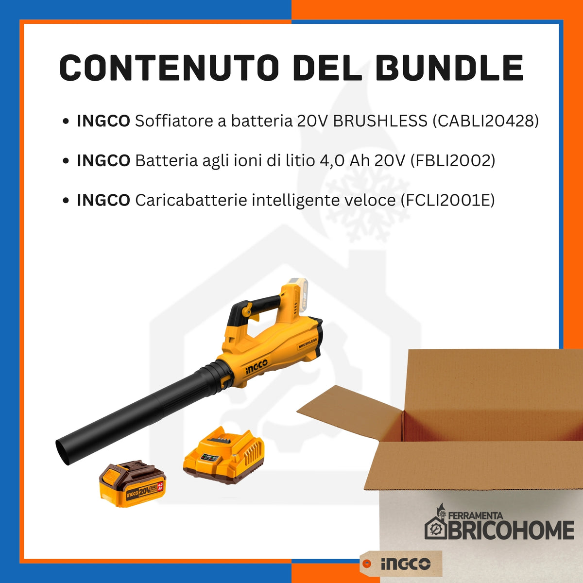 Kit INGCO Soffiatore a batteria 20V + Batteria 4.0 Ah + Caricabatteria [BUNDLE]