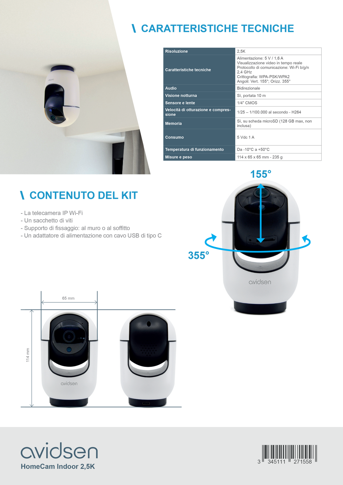 AVIDSEN - Motorisierte WLAN-IP-Kamera HomeCam Indoor | 2,5K | 360° | Automatische Nachführung | Zwei-Wege-Audio