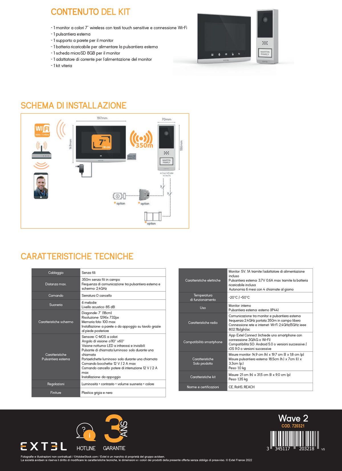 EXTEL - Videocitofono Wi-Fi Senza Fili Wave 2 | Portata 350m | Schermo 3,5" | Visione Notturna | App Mobile
