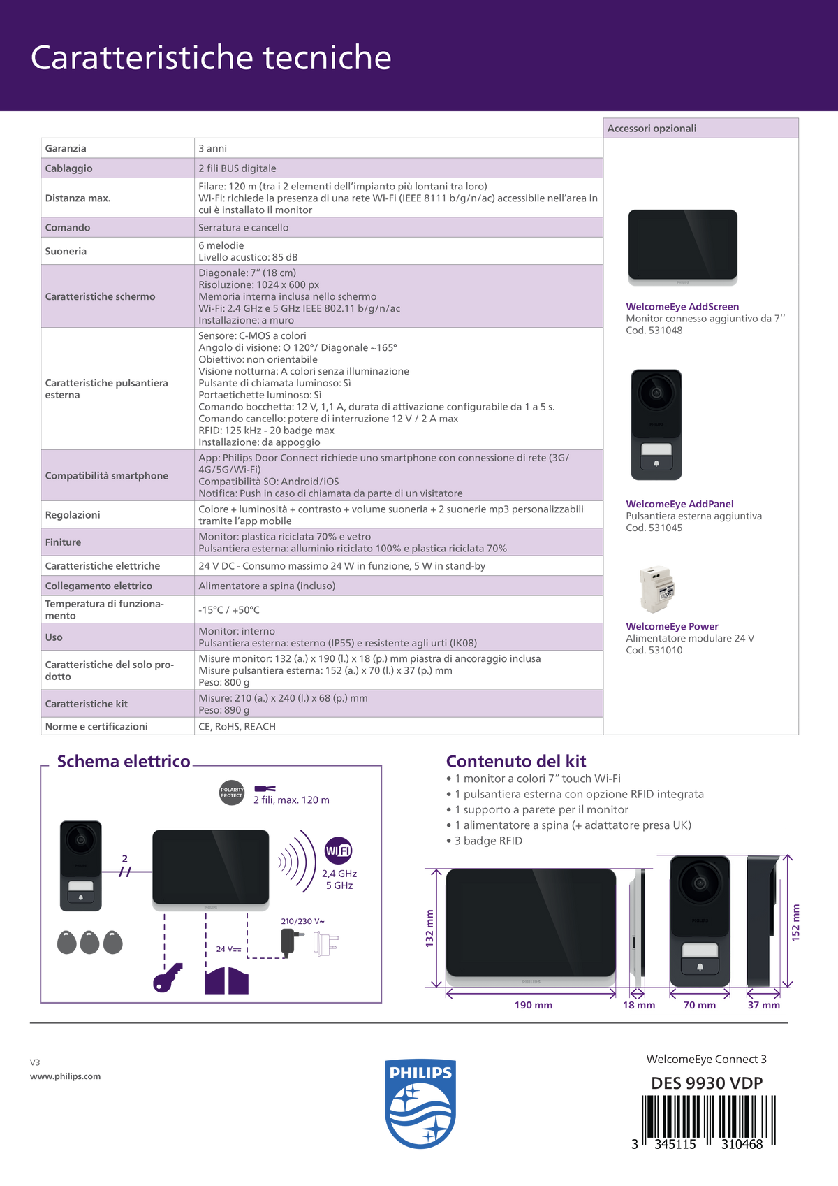 PHILIPS - WelcomeEye Connect 3 531046 | Videocitofono Wi-Fi | Touch 7" | 3K | QR Code | RFID | IP55