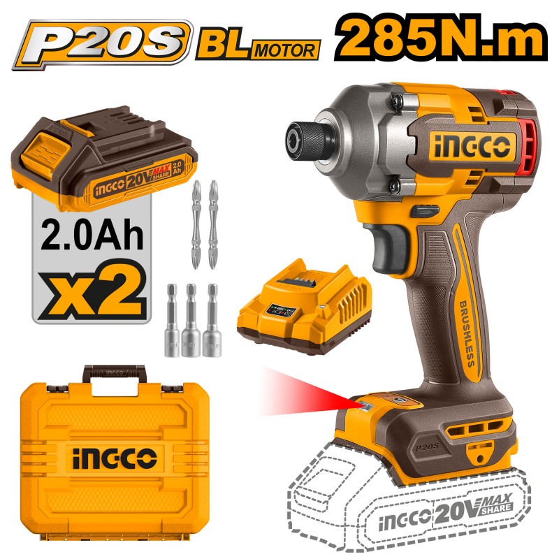 INGCO 285Nm Impact Wrench with 2 x 20V 2Ah Batteries in Case