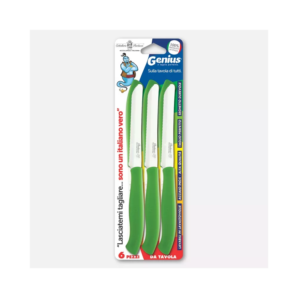 COLTELLERIE PAOLUCCI - Set 6 Couteaux de Table Lame Dentelée 11 cm GENIUS | Acier Inoxydable | Fabriqué en Italie | Lave-vaisselle | Manche Polypropylène