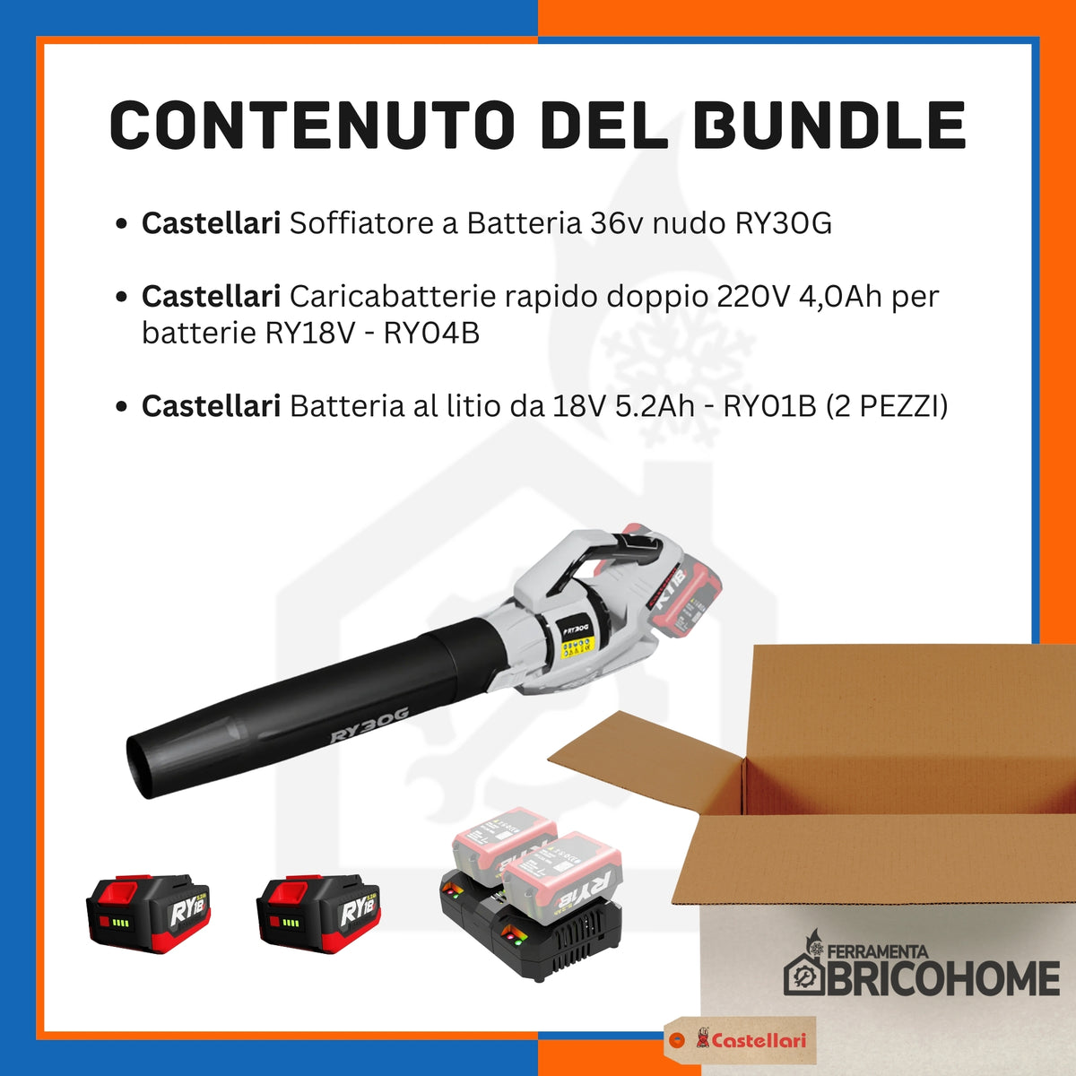 Kit Castellari Soffiatore RY30G con 2 Batterie da 18V e Caricabatterie Rapido [BUNDLE]