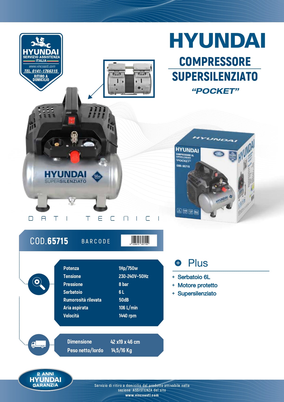 HYUNDAI - Supersilent-Kompressor Pocket 65715 | 750W | 8 bar | 6L | 50dB | 106 L/min