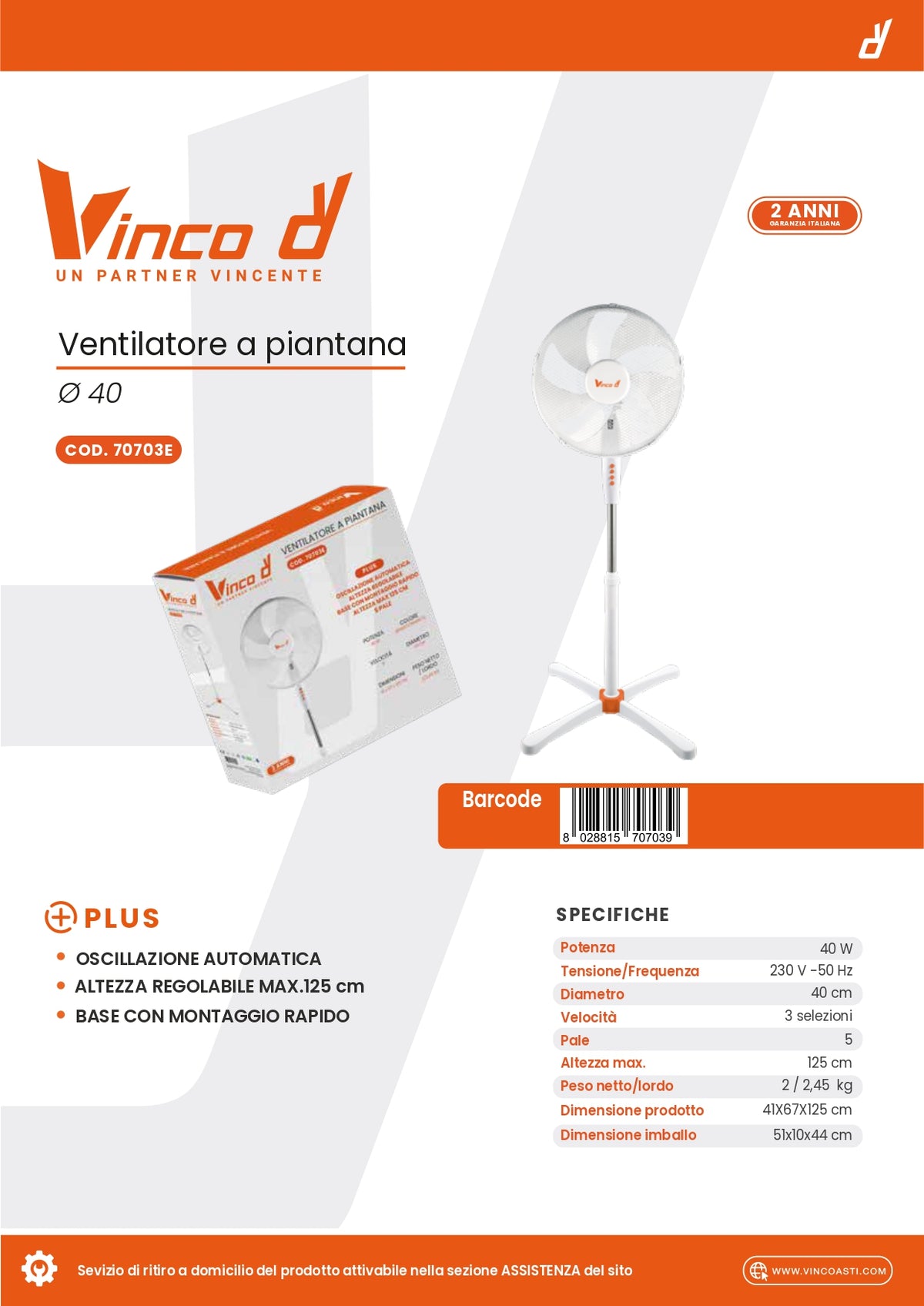 VINCO Ventilatore Piantana 70703E | 40W | Ø40cm | 125cm | Oscillante | Bianco