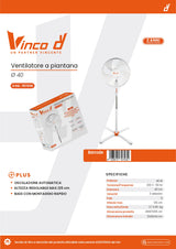 VINCO Ventilatore Piantana 70703E | 40W | Ø40cm | 125cm | Oscillante | Bianco