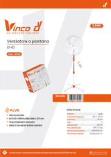 VINCO Ventilatore Piantana | 40W | Ø40cm | 125cm | Telecomando | Timer 7,5h