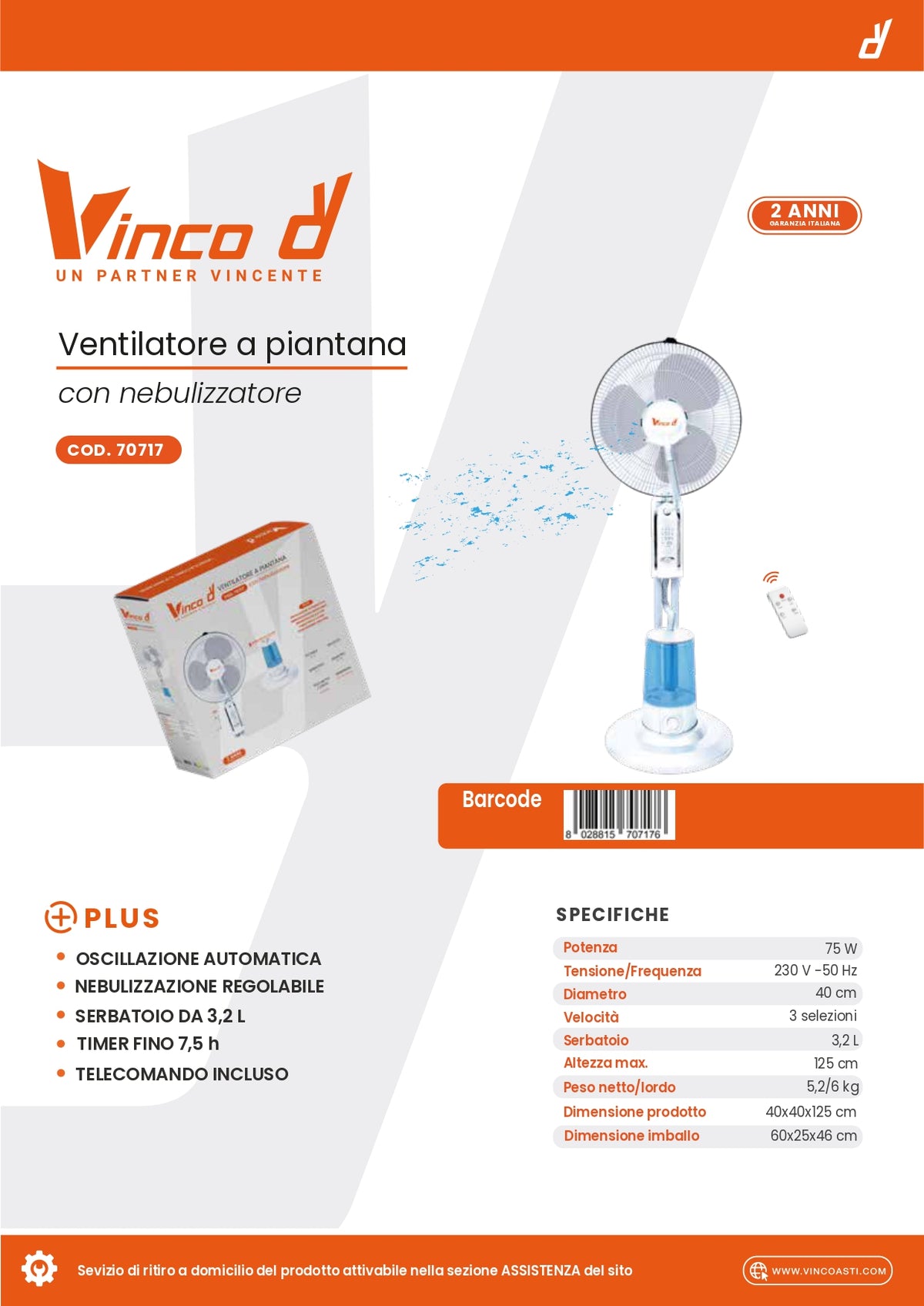 VINCO - Ventilatore Nebulizzatore 70717 | 75W | Ø40cm | 3,2L | Telecomando | Timer