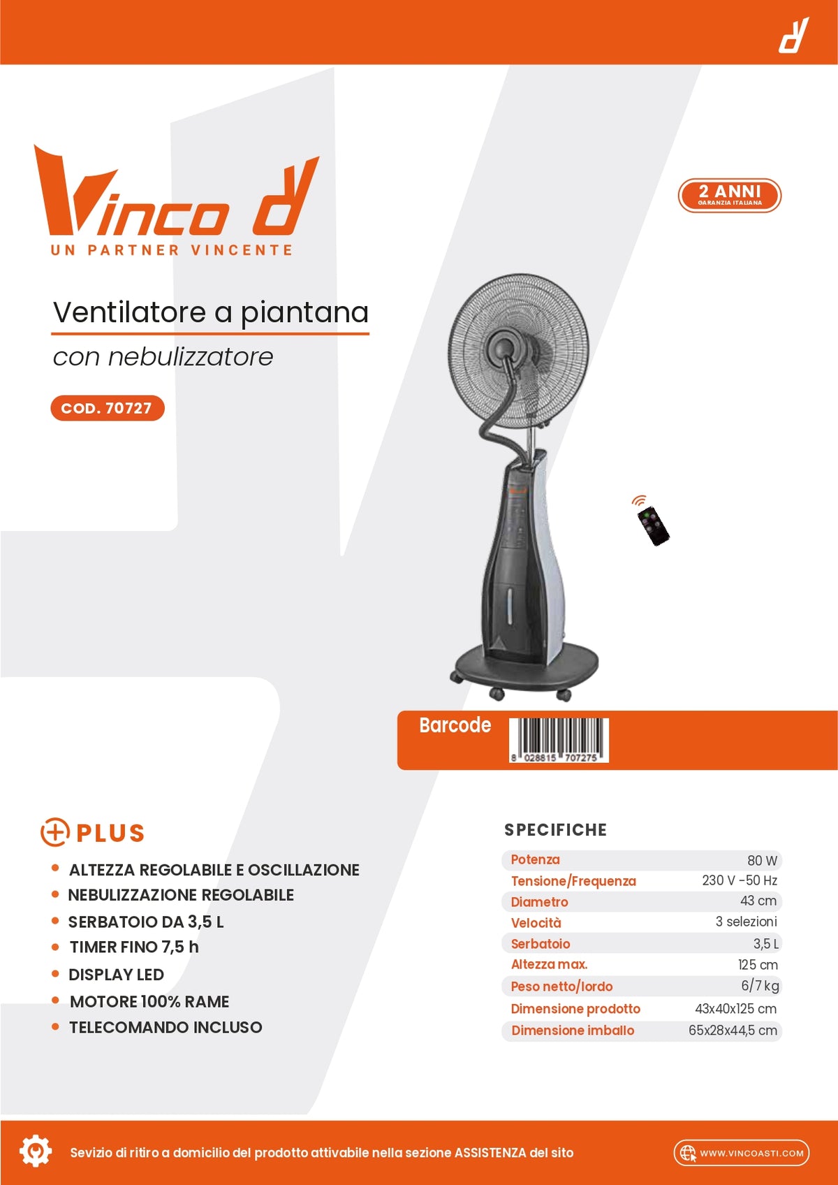 VINCO Nebelventilator 70727 | 80W | Ø43cm | 3,5L | Rollen | Fernbedienung