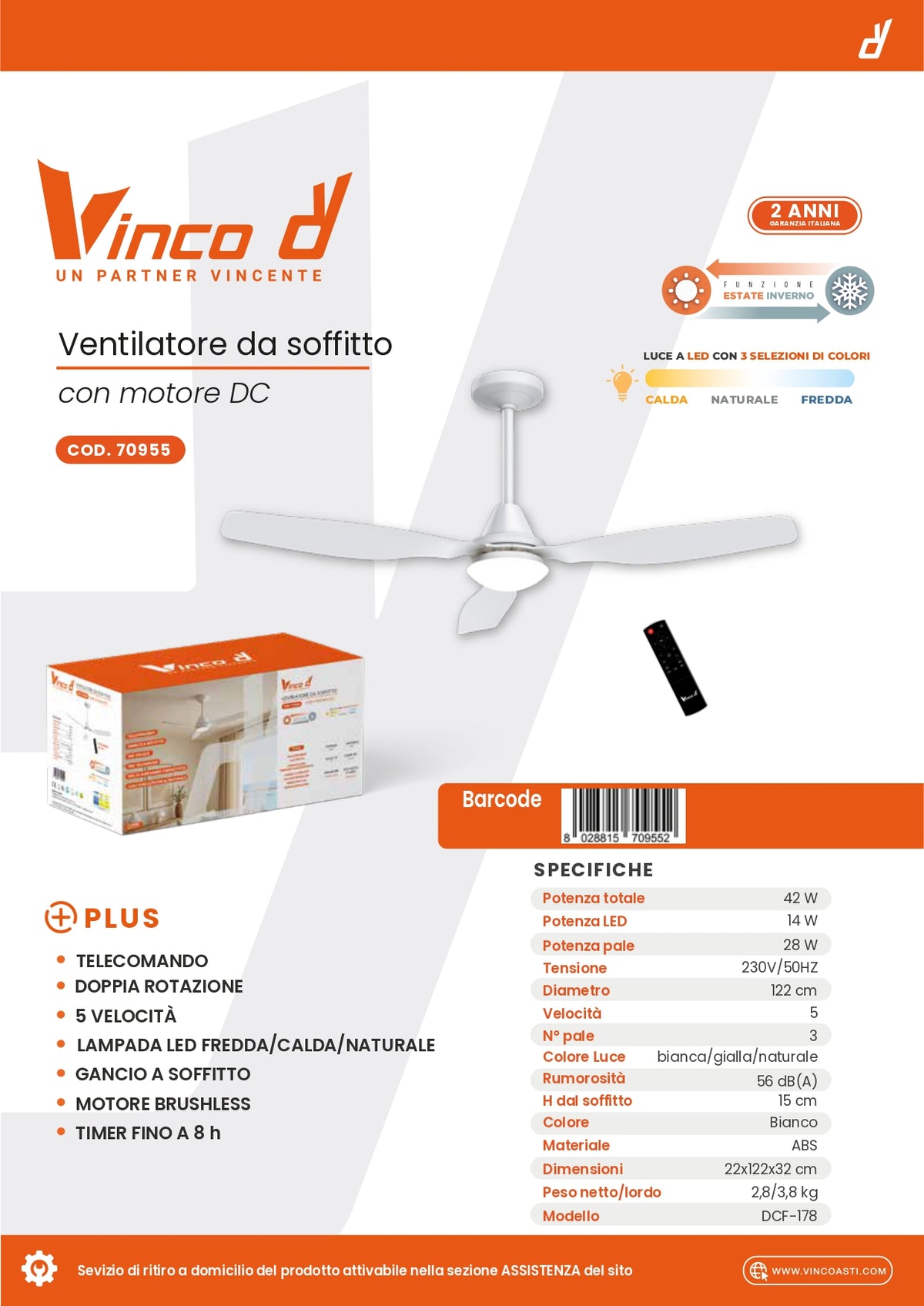 VINCO - Ventilatore da Soffitto DCF-178 70955 | Motore DC Brushless | 122cm | 3 Pale | LED 3 Colori | 5 Velocità | Telecomando | Bianco