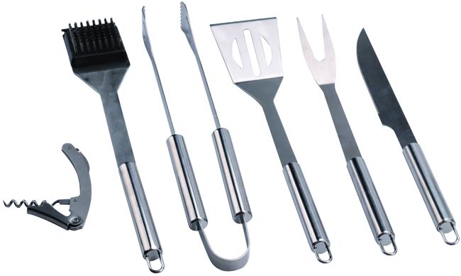 SANDRI GARDEN - Grillbesteck-Set 6-teilig | Edelstahl | Aluminiumkoffer | Grillgabel Zange Wender Bürste Messer Korkenzieher