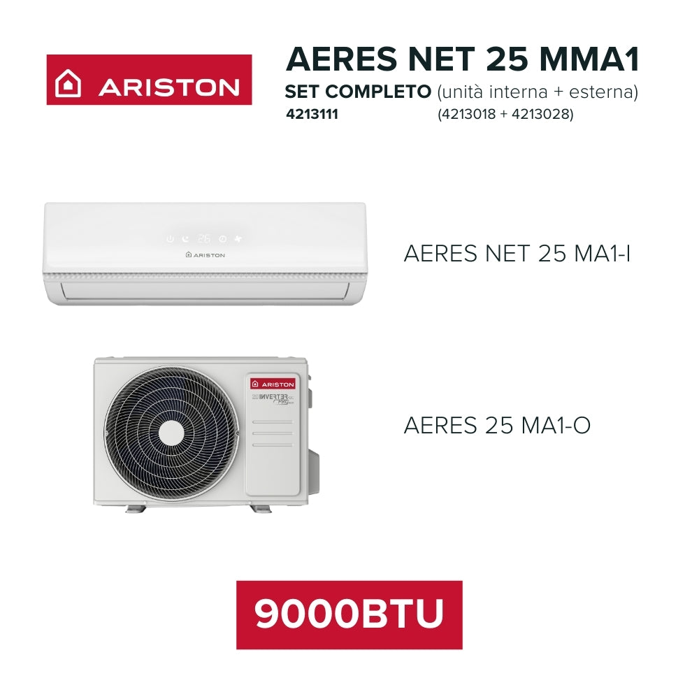 ARISTON - Condizionatore Monosplit AERES NET 25 MMA1 | 9000 BTU | Wi-Fi | Autopulente | Set Completo