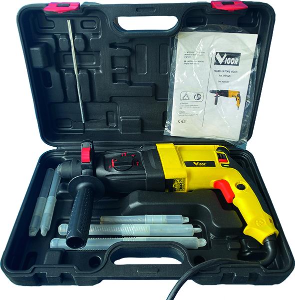 VIGOR - Tassellatore SDS Plus VBH-26 90250-05 | 800W | 0-1400 giri/min | 3J | Foro 26mm | Roto-Stop | Reversibile | Kit in Valigetta
