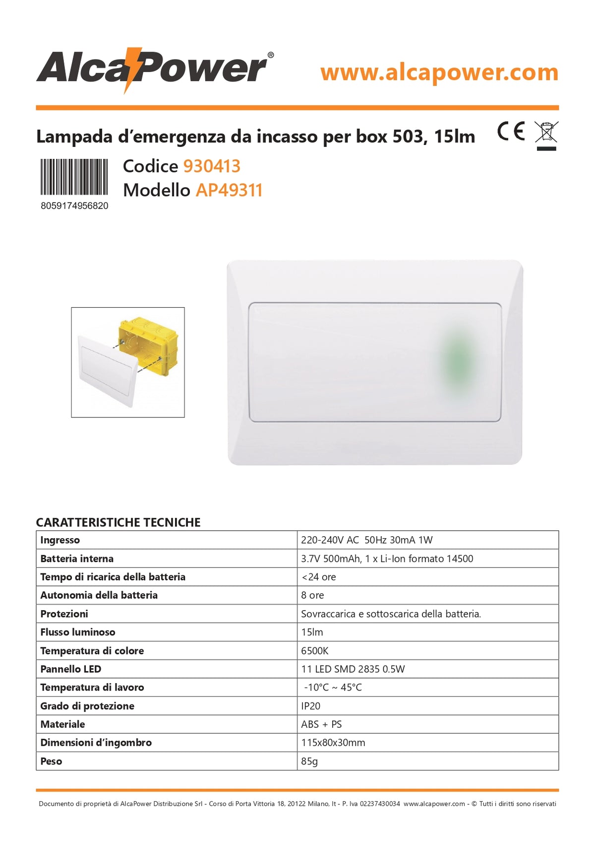 ALCAPOWER - Lampada d'Emergenza da Incasso Serie 503 | 15 lm | 8h Autonomia | IP20 | 930413