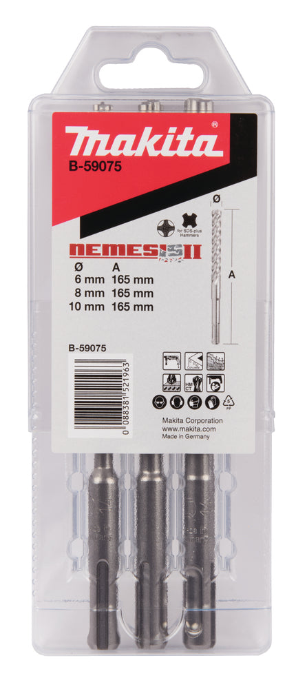 MAKITA - Set 3 Punte SDS-Plus Nemesis II B-59075 | T.C.T. | Ø6/8/10x165mm | 4 Taglienti | Calcestruzzo