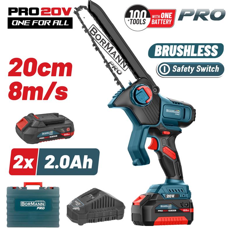 Bormann Pro - Motosega Potatura 20V | Brushless | Lama 20cm | 2 Batterie 2Ah | 1,3kg