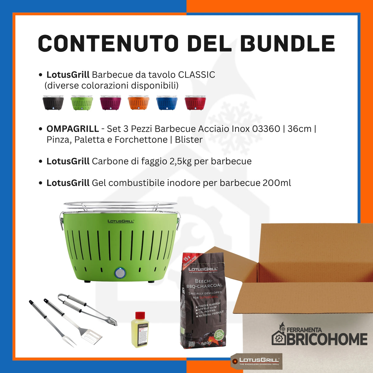 Kit Lotusgrill Barbecue da tavolo CLASSIC + Set 3 Utensili + Carbone + Gel [BUNDLE]