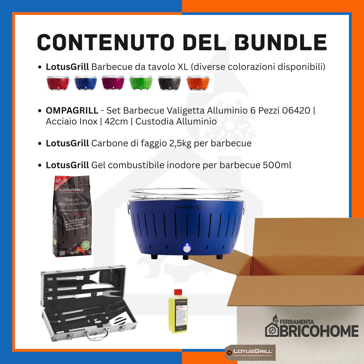 Kit Lotusgrill Barbecue da tavolo XL + Set 6 Utensili Professionali + Carbone + Gel [BUNDLE]