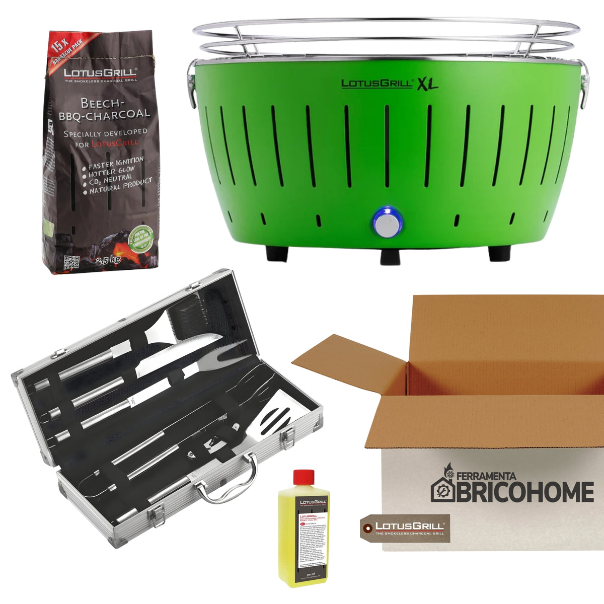 Kit Lotusgrill Barbecue da tavolo XL + Set 6 Utensili Professionali + Carbone + Gel [BUNDLE]