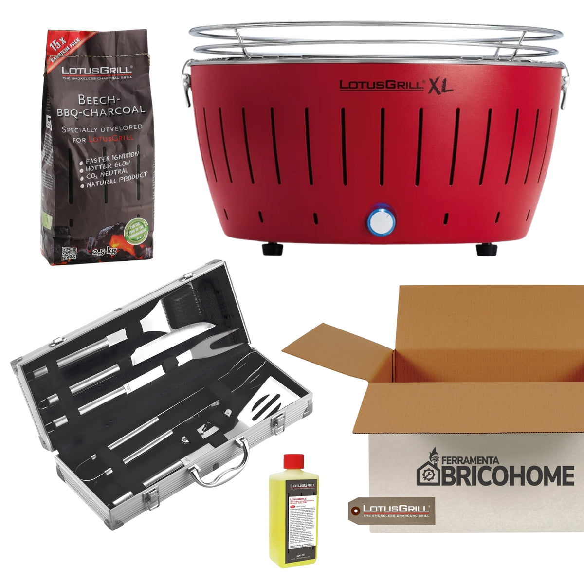 Kit Lotusgrill Barbecue da tavolo XL + Set 6 Utensili Professionali + Carbone + Gel [BUNDLE]