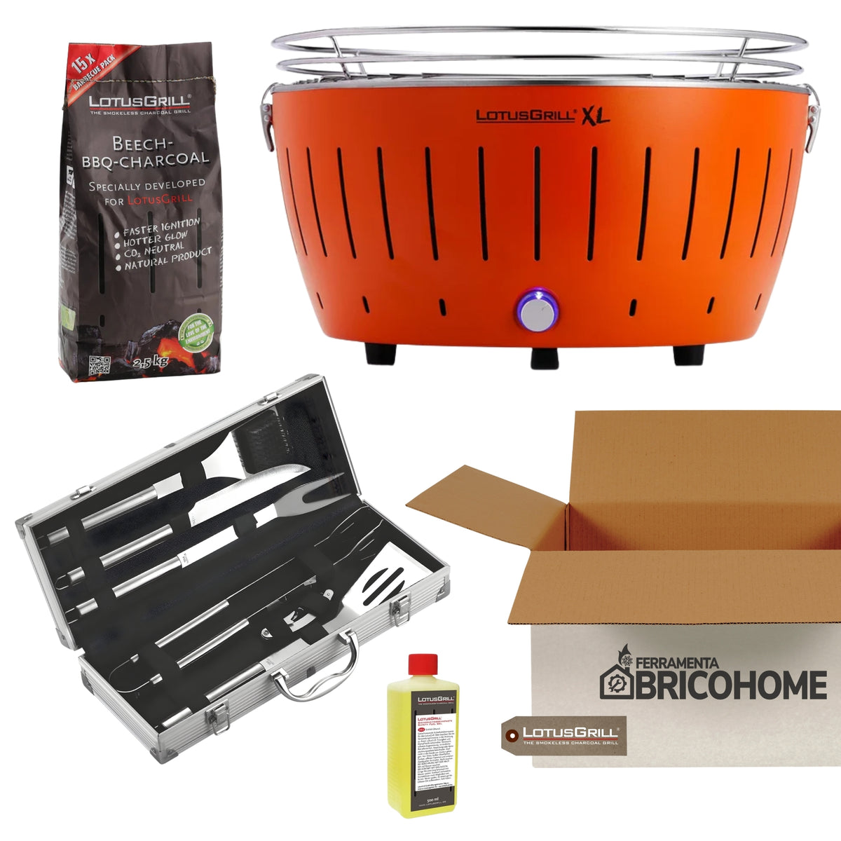 Kit Lotusgrill Barbecue da tavolo XL + Set 6 Utensili Professionali + Carbone + Gel [BUNDLE]