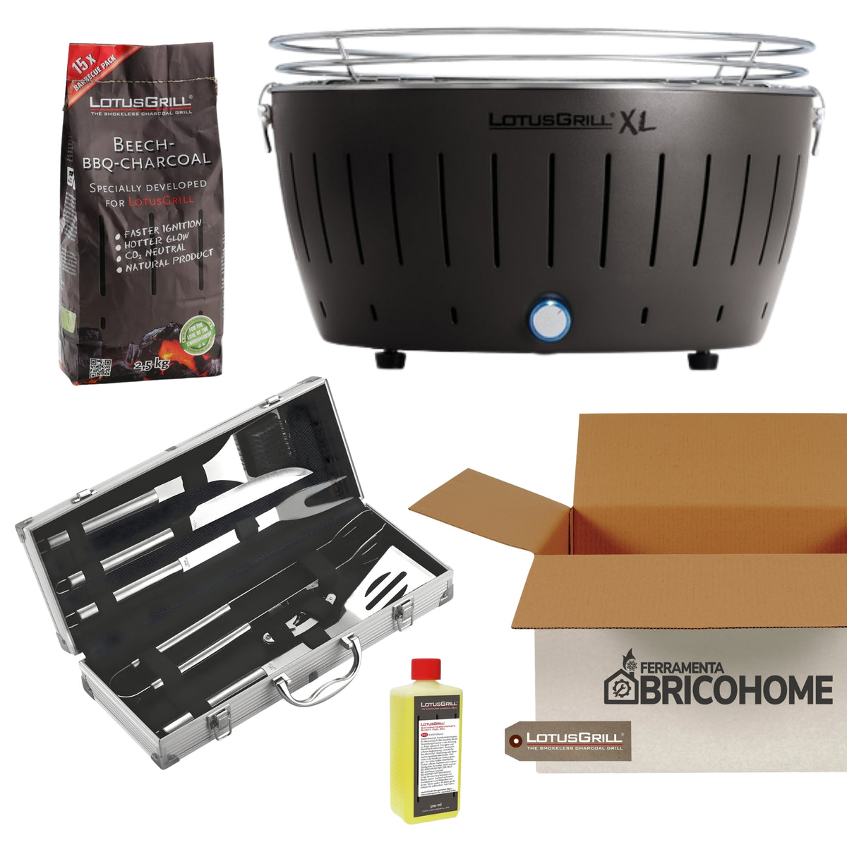 Kit Lotusgrill Barbecue da tavolo XL + Set 6 Utensili Professionali + Carbone + Gel [BUNDLE]