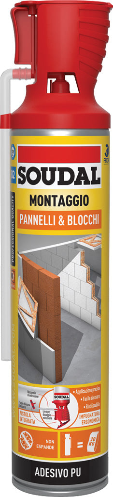 SOUDAL - Schiuma Poliuretanica Pannelli & Blocchi Genius Gun 135273 | Bassa Espansione | 600ml | Riutilizzabile 6 Settimane