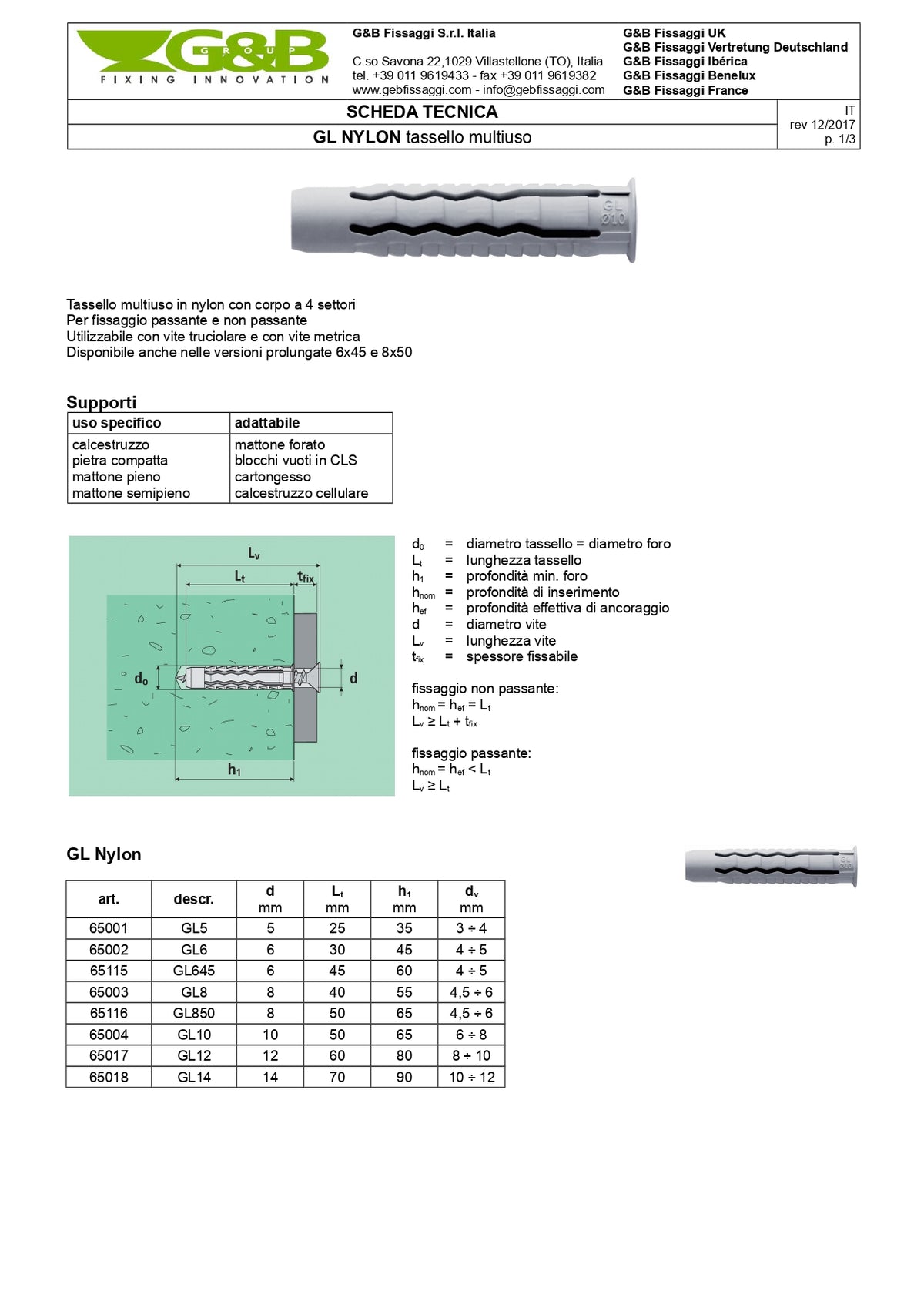 Tasselli multiuso in nylon con viti in confezione a secchiello GL NYLON G&B