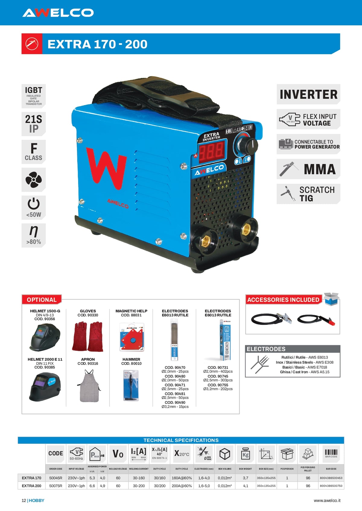 AWELCO - Saldatrice Inverter MMA Extra 200 50075R | 200A | IGBT | 30-200A | Elettrodi 1,6-5,0mm