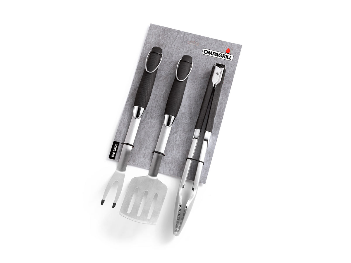 OMPAGRILL - Set Barbecue 3 Pezzi 03470 | Pinza Paletta Forchettone | Acciaio Inox | 45cm | Manico Antiscivolo