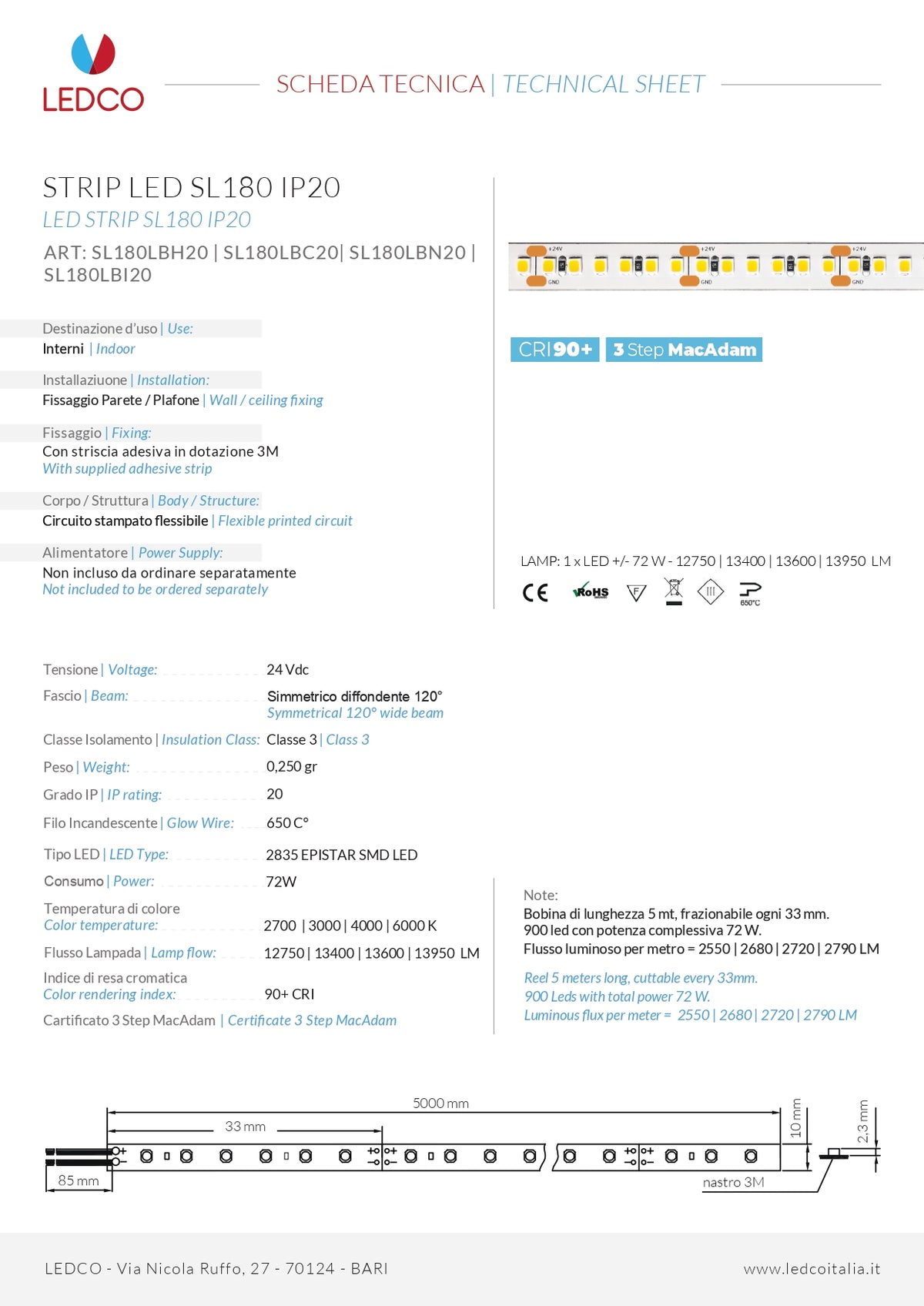 LEDCO - Strip LED SL180LBN20 | 5 Metri | 72W | 4000K Bianco Naturale | 180 LED/m | Chip 2835 | CRI 90+ | IP20