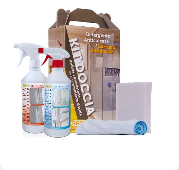 GEAL - Kit Doccia 680006 | Pulizia e Protezione Box Doccia | Doccia Clean 0,75L + Antigoccia 0,75L + Spugna + Microfibra