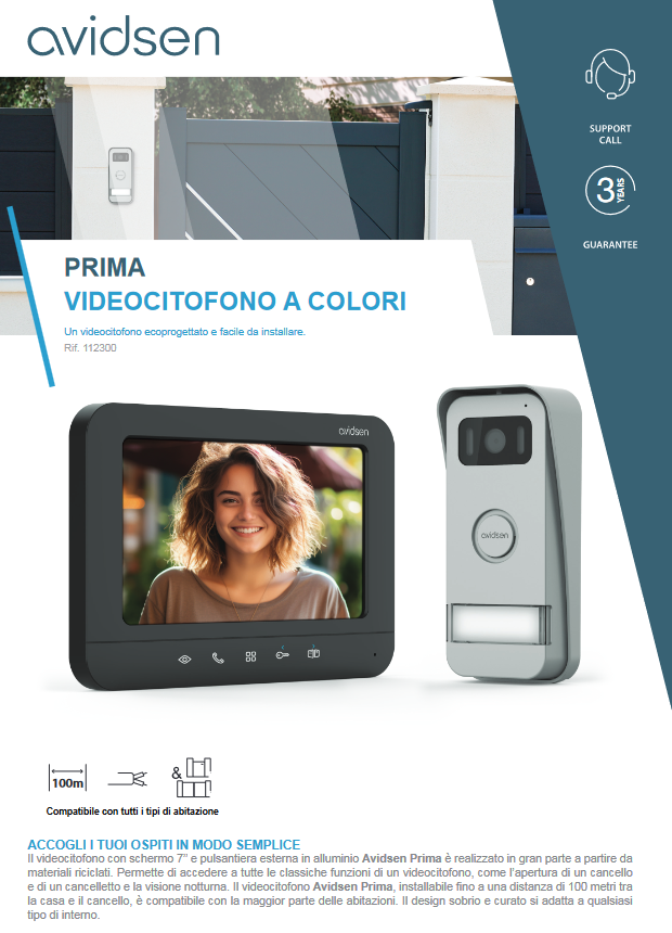 AVIDSEN - Videocitofono a Colori Prima 112300 | Schermo 7'' | 2 Fili | Doppio Comando Cancello | Sostituzione Diretta
