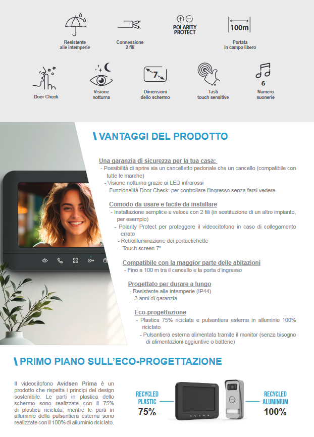 AVIDSEN - Videocitofono a Colori Prima 112300 | Schermo 7'' | 2 Fili | Doppio Comando Cancello | Sostituzione Diretta