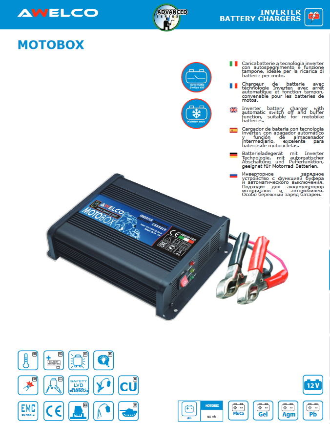 AWELCO - Caricabatterie Motobox 4A 73500 | 12V | 17-80Ah | Inverter | Moto Quad