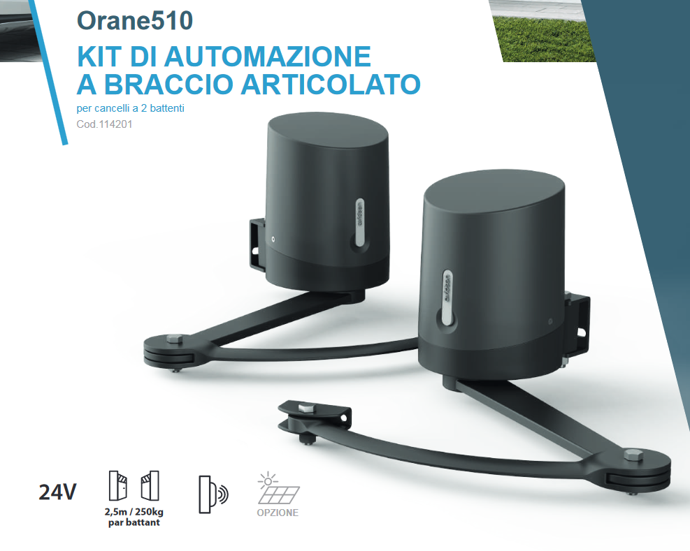 AVIDSEN - ORANE 510 Kit Automazione Cancelli 2 Battenti 24V | Bracci Articolati | 2,5m/250kg | Fotocellule | Telecomandi