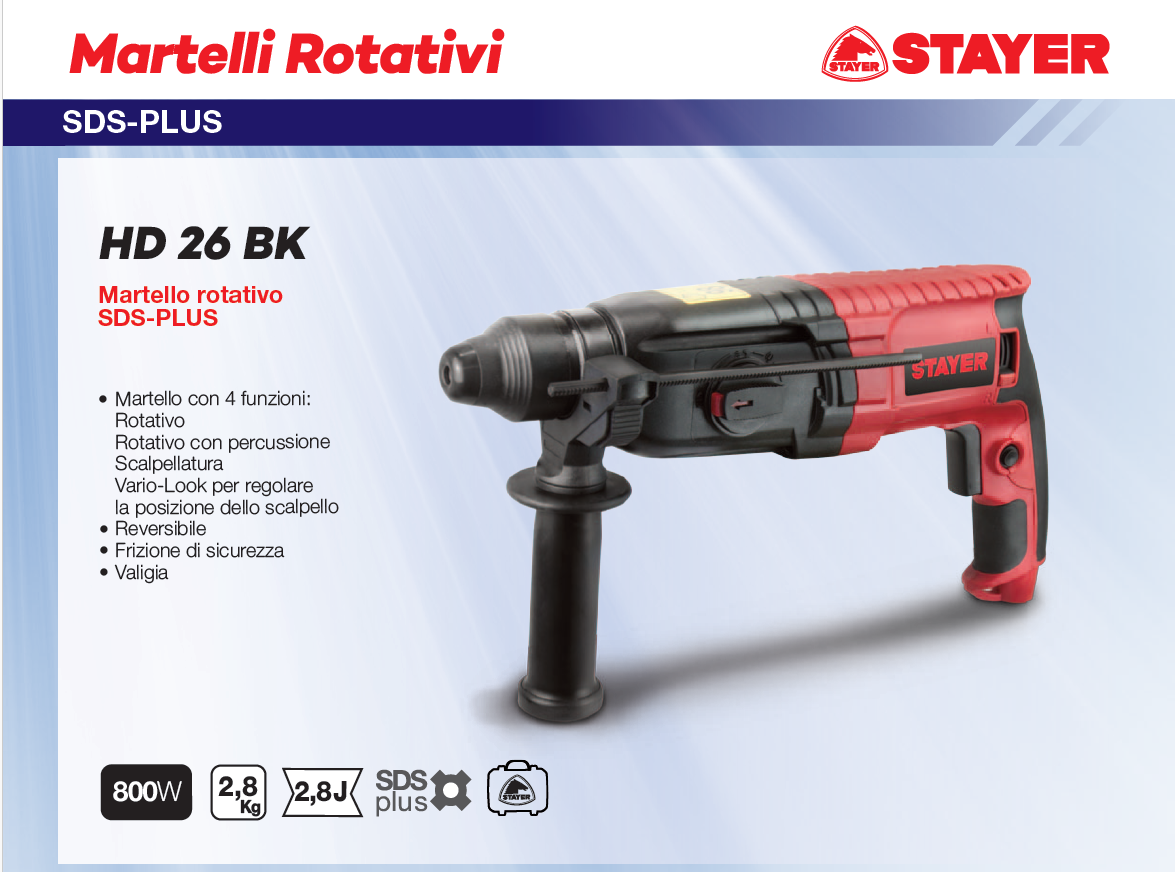STAYER Bohrhammer HD 26 BK | 800W | SDS-Plus | 3 Funktionen | 2,8J