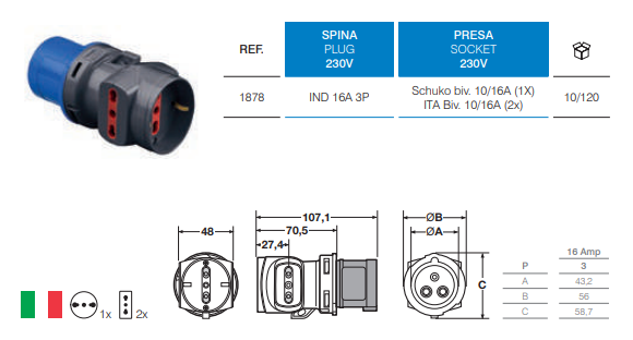 Rosi CEE plug adapter 2B sockets + schuko 10/16A