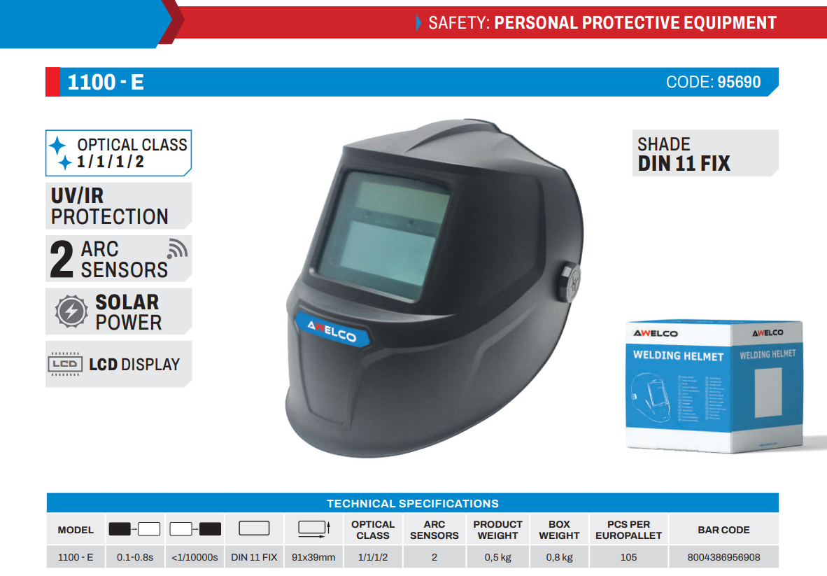 AWELCO - Casco Maschera Saldatura Autoscurante HELMET 1100-E 95690 | DIN 11 | LCD Solare | Classe Ottica 1/1/1/2 | UV/IR | 91x39mm
